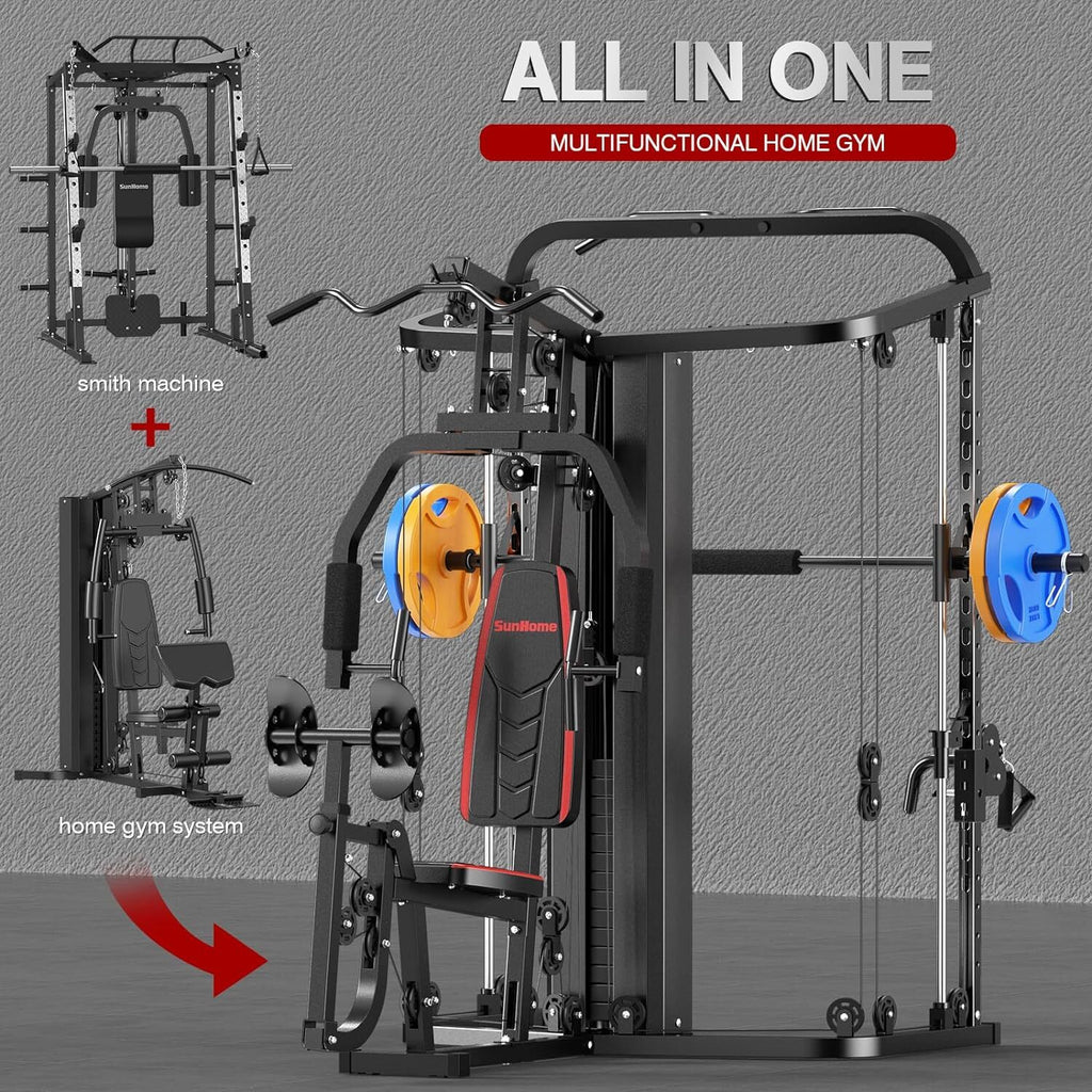 Home Gym System Workout Station Smith Machine with 138LB Weight Stacks