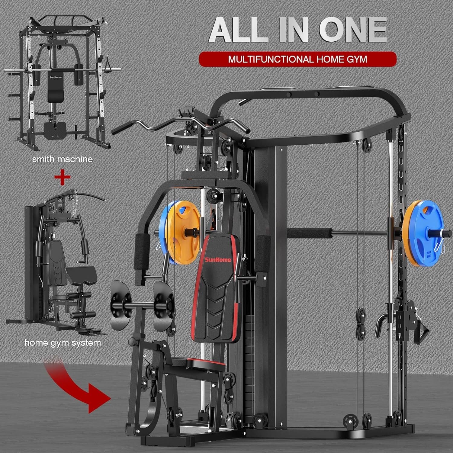 Home Gym System Workout Station Smith Machine with 138LB Weight Stacks